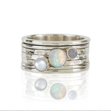 Handmade sterling silver spinner ring with Opal, Pearl, and Moonstone – size N