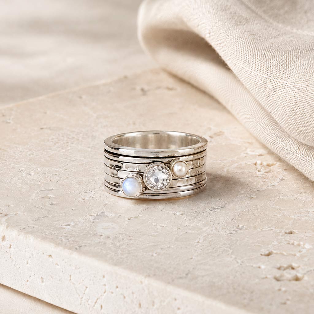 Silver spinning ring with White Topaz, Moonstone and Pearl, Moonstone Ring, White Topaz Ring, Pearl Ring, White gemstone spinner ring