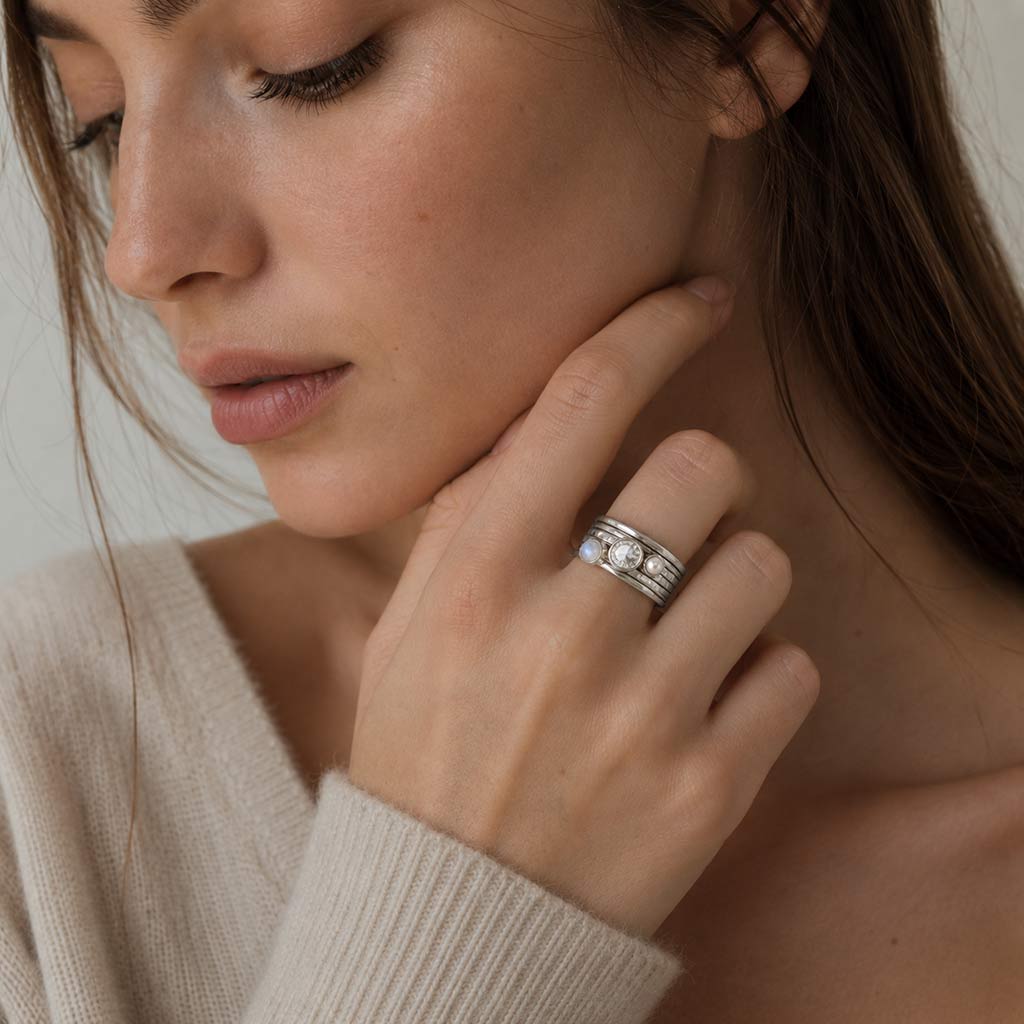 Silver three band spinning ring, White gemstones spin ring, June and November Birthstone Spinning Ring