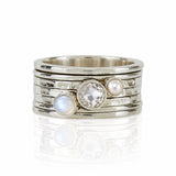 Sterling Silver Spinning Ring with White Topaz, Moonstone and Pearl, White Gemstone Spinning Ring, Handmade Spin Ring