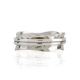 A silver spinning ring with two bands, featuring a matte finish and textured design. Hammered Silver Spinning Ring, Narrow Silver Spin ring