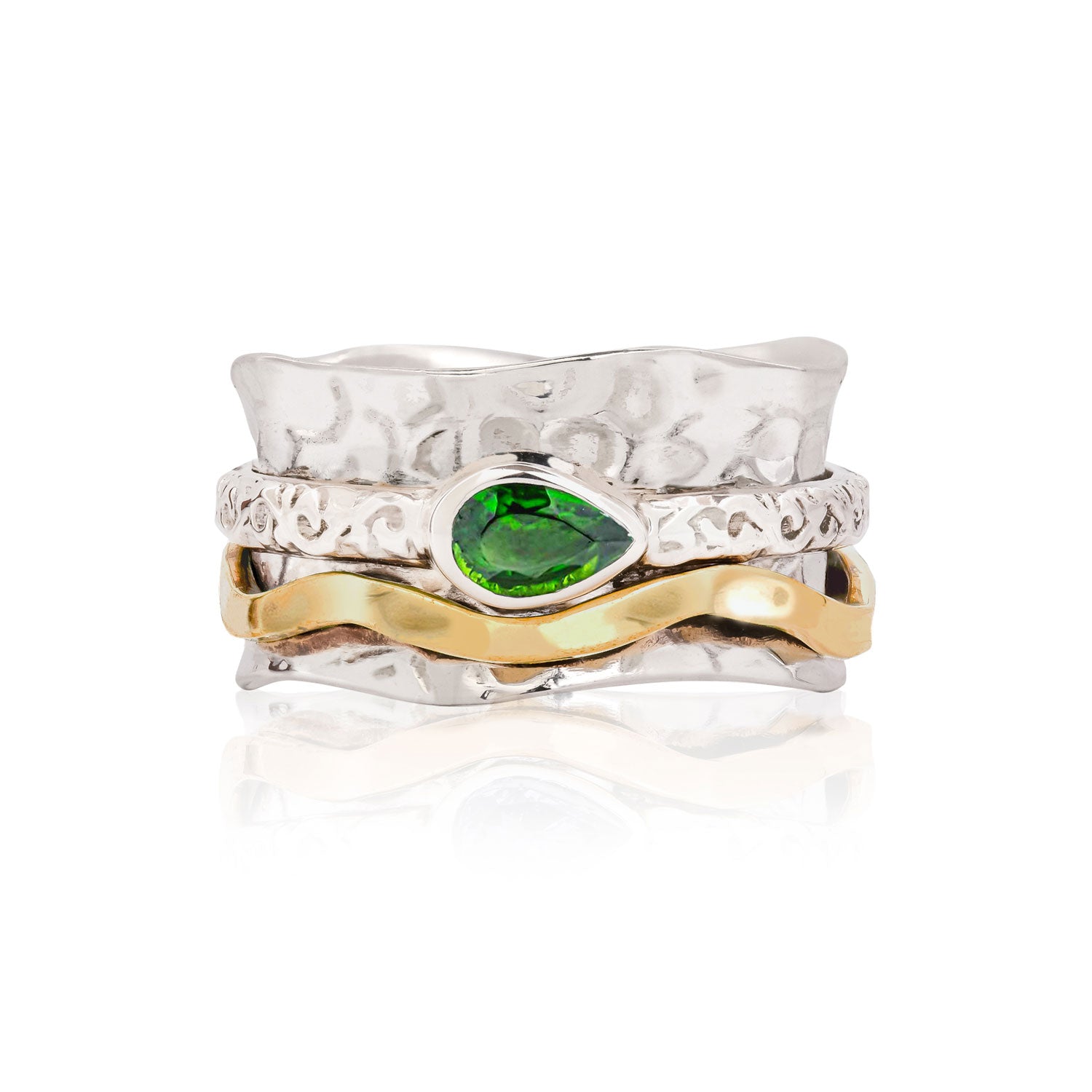Silver Handmade Spinning Ring with Chrome Diopside,  Green Gemstone Silver Spinning Ring, Mixed Metal Spinning Ring, Meditation Ring