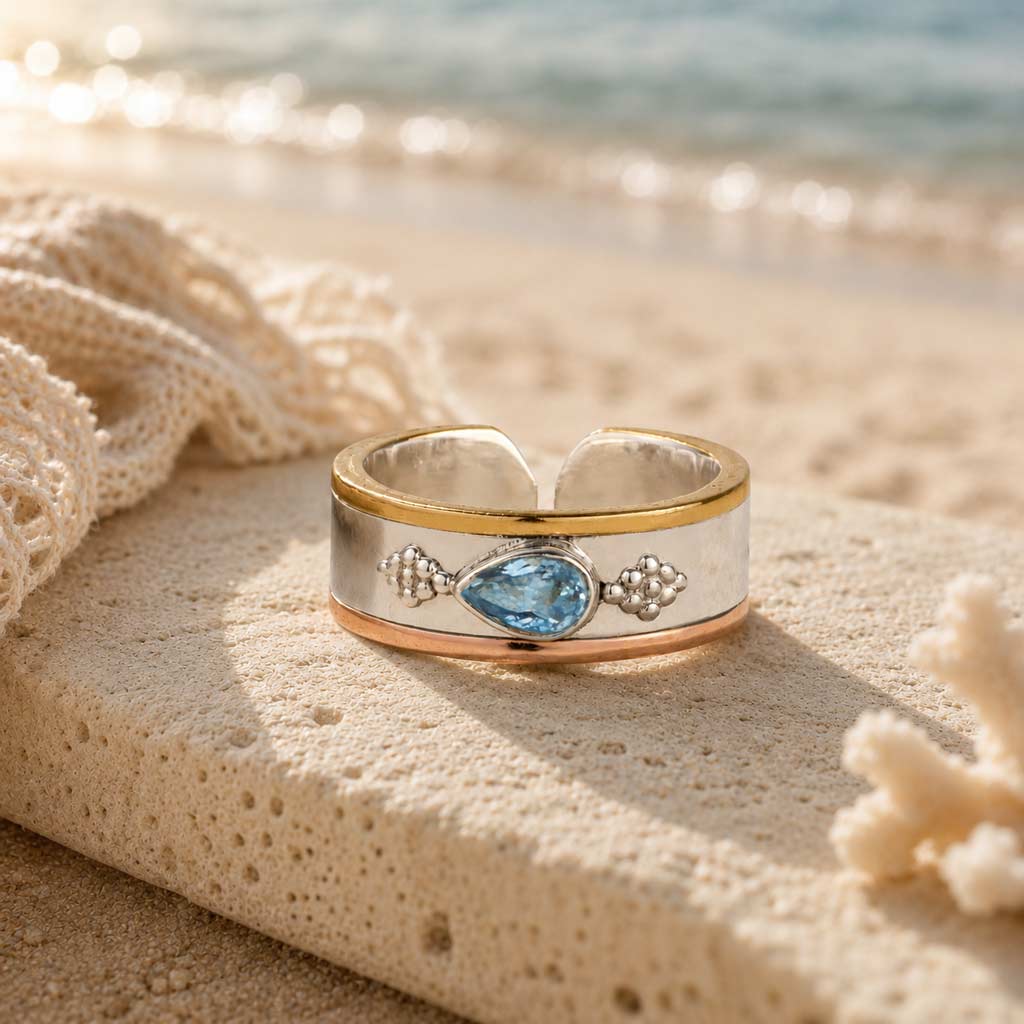 Silver Toe Ring with Blue Topaz Gemstone, Blue Topaz Toe Ring, Mixed Metal Topaz Toe Ring, November Birthstone Ring