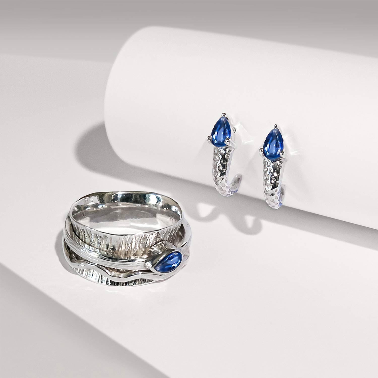 Kyanite Huggie Stud Hoops and Kyanite Silver Spinning Ring