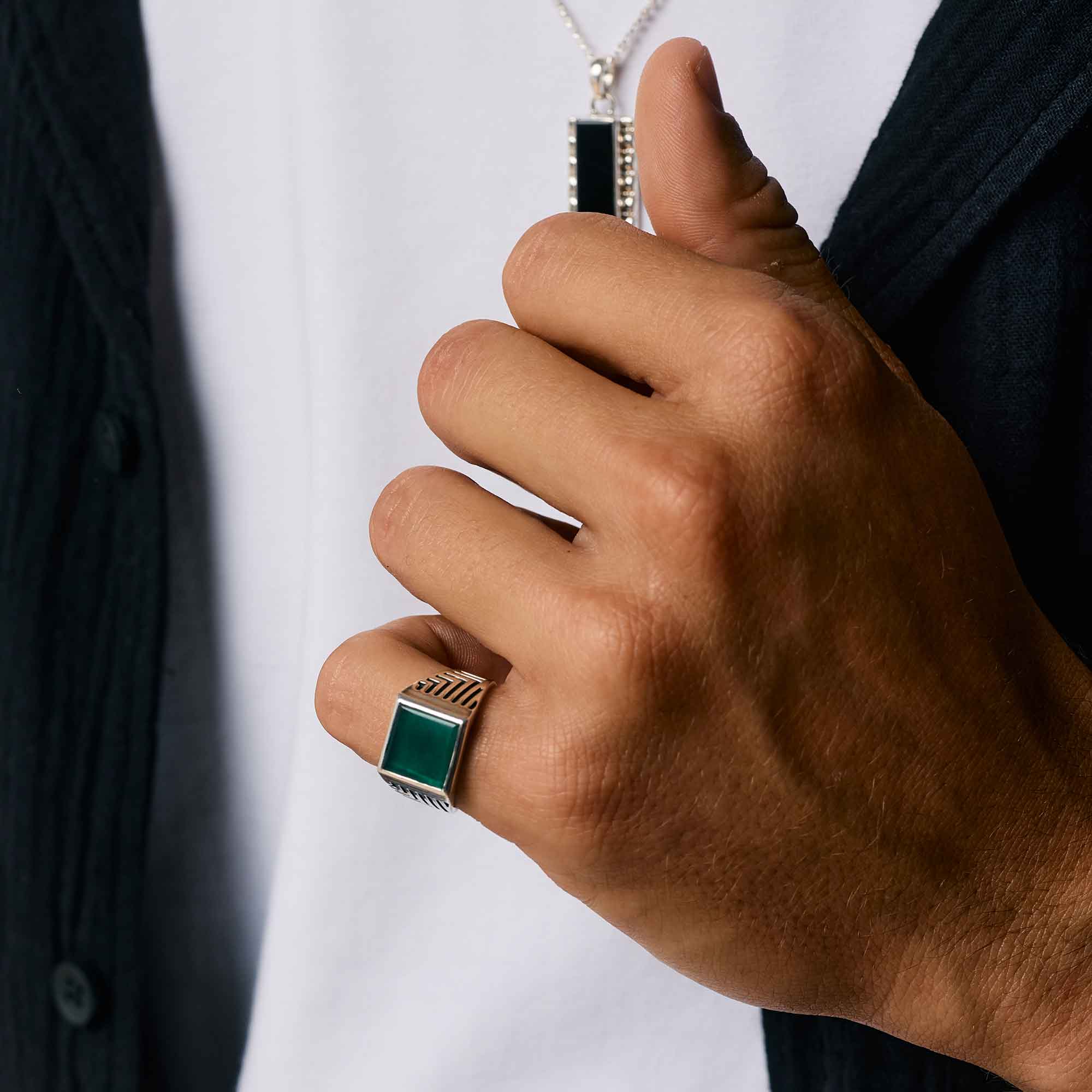 Green Onyx Silver Signet Ring