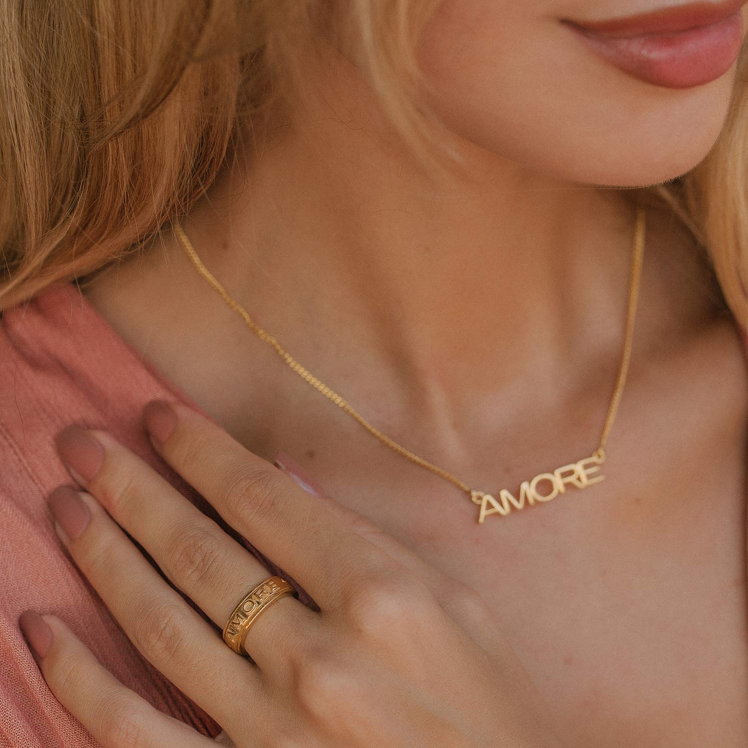 GOLD AMORE WORD SPINNING RING AND MATCHING NECKLACE