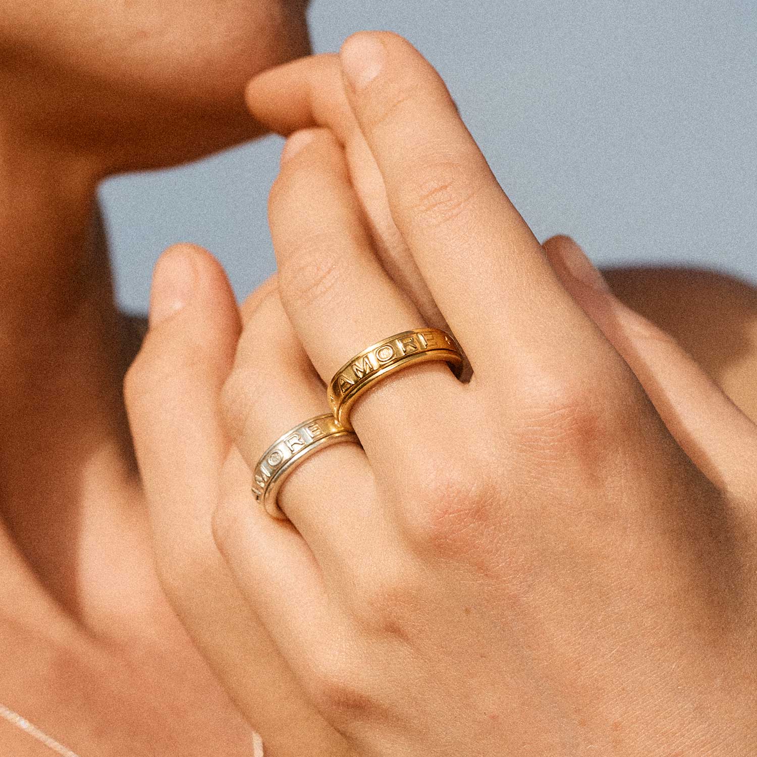 Amore Word Silver and Gold Spinning Rings