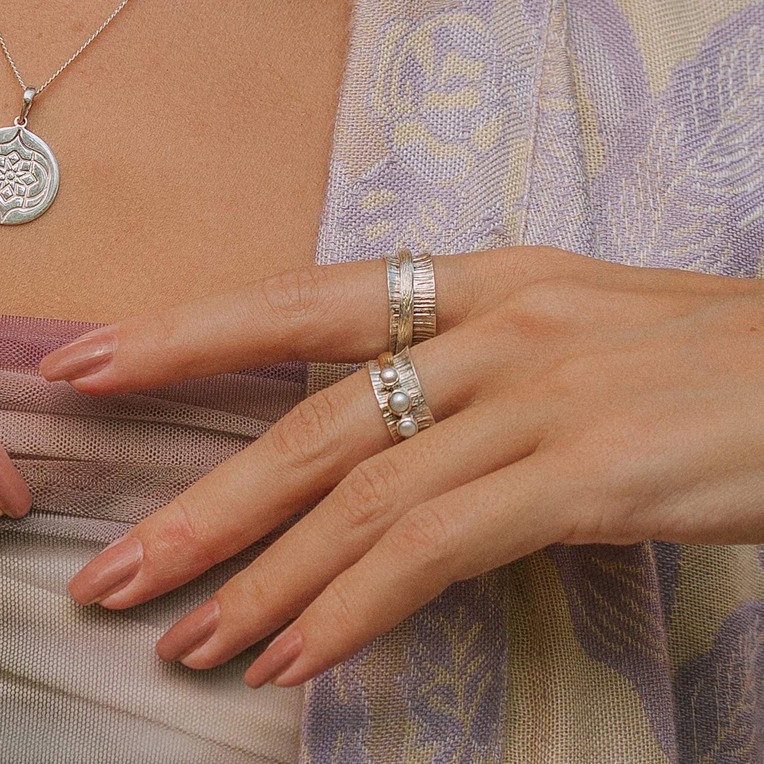 Handmade silver spinning rings, June birthstone ring, Pearl silver ring, Silver spin rings