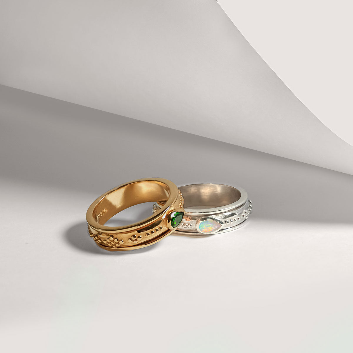 Yellow gold and silver gemstone spinning rings, Sterling silver spinning ring, Opal spinning ring, Green gemstone spinner ring