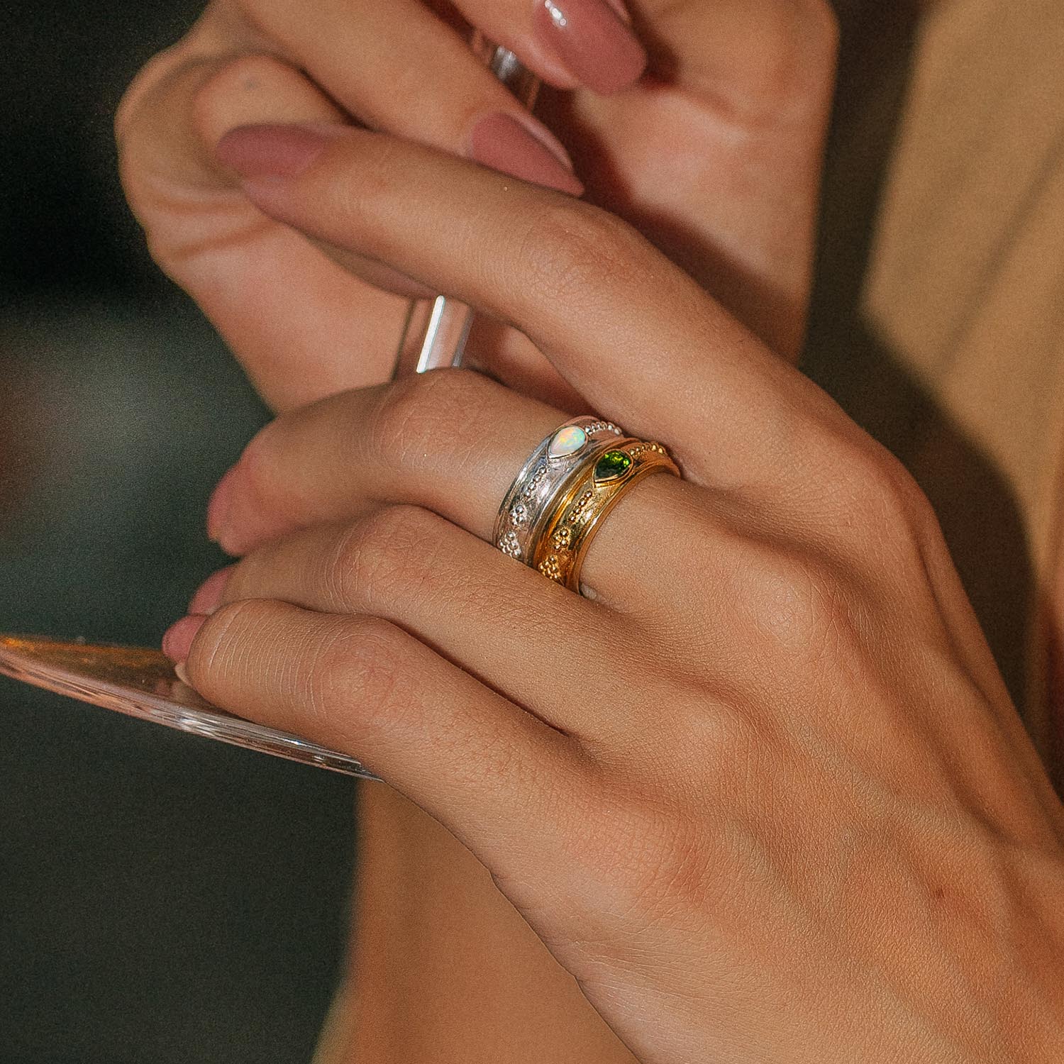 Saraswati silver and gold spinning rings, Silver and opal spinning ring, Gold and green onyx spinning ring, Gemstone spinner rings, Fidget rings, Sterling silver spin rings