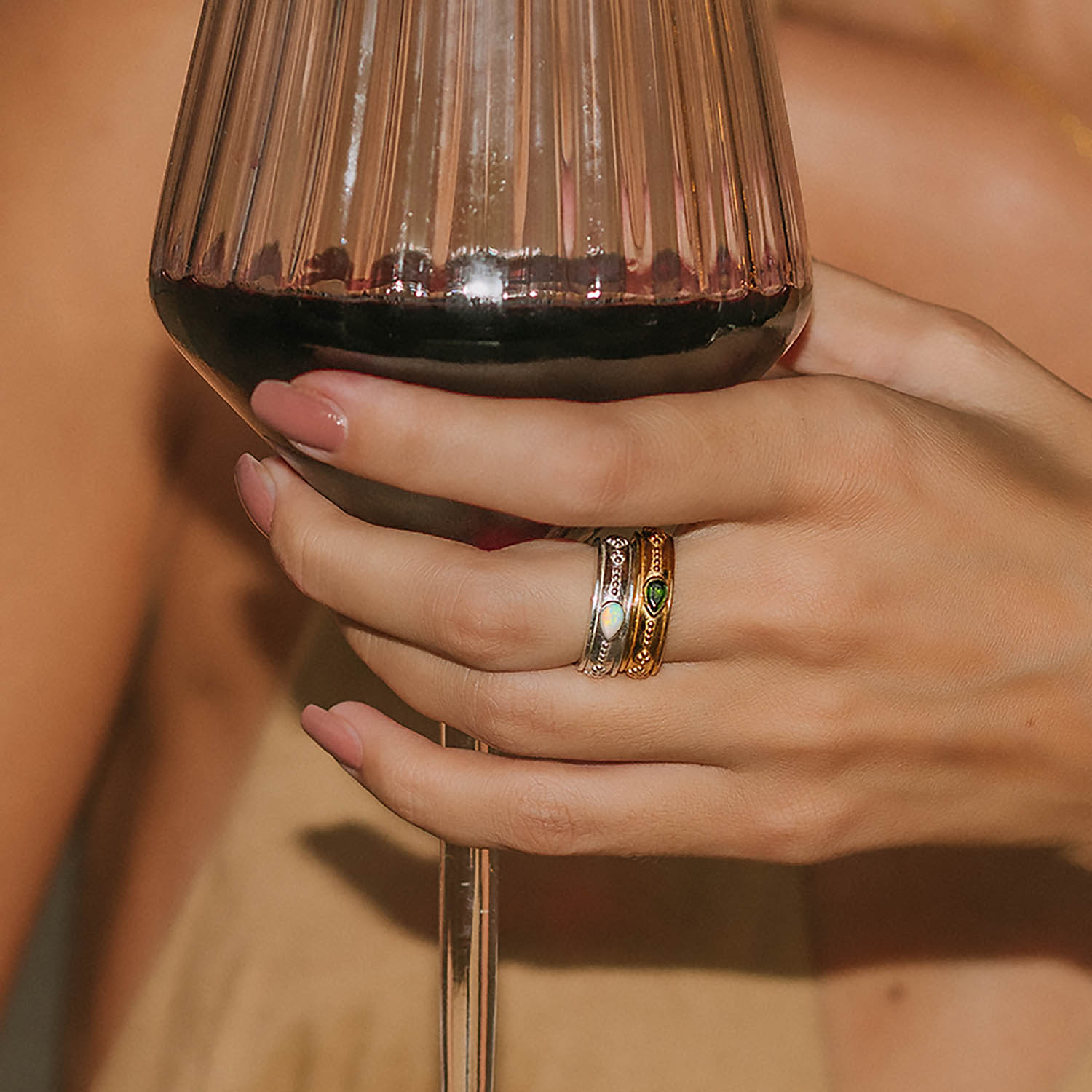 Silver and gold gemstone spinning rings, Opal and chrome diopside spinning rings, Gemstone handmade spin rings