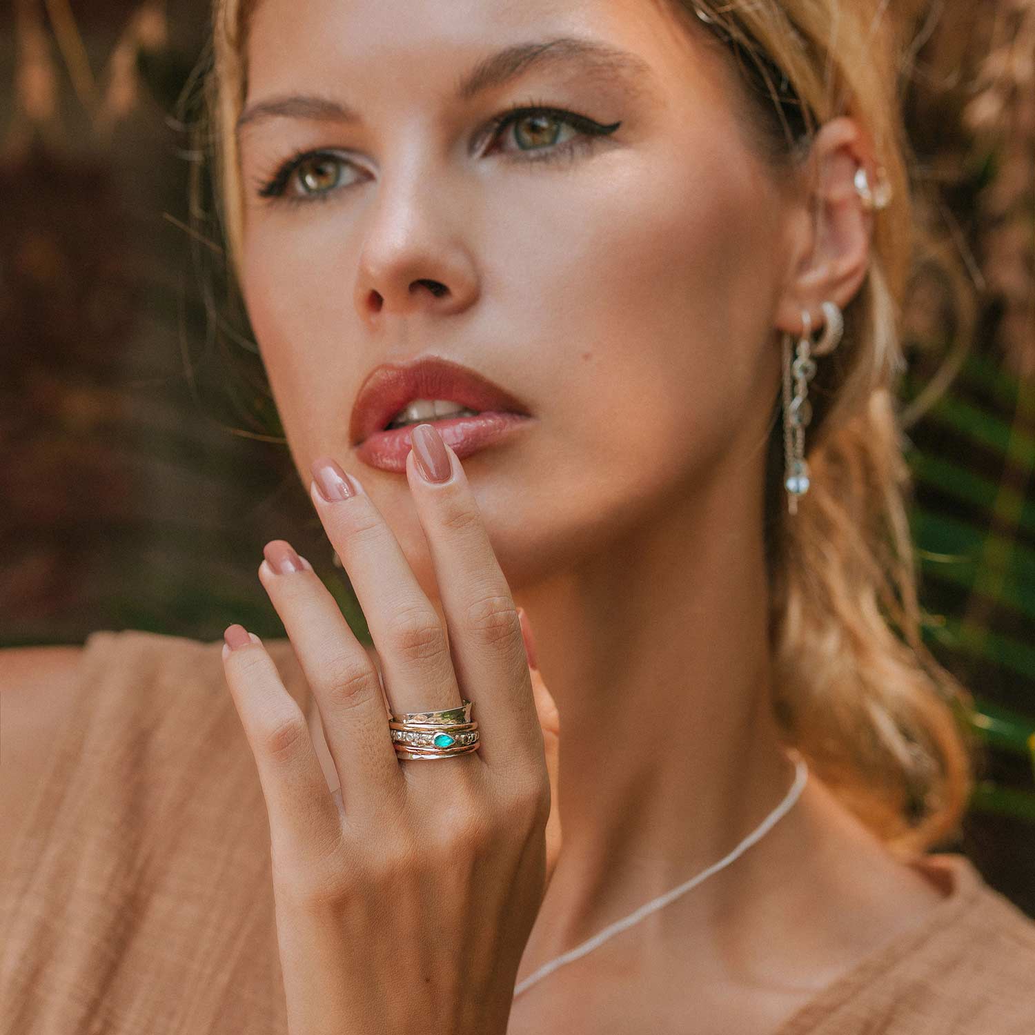 Mixed Metal Gemstone Spinning Ring For Calmness