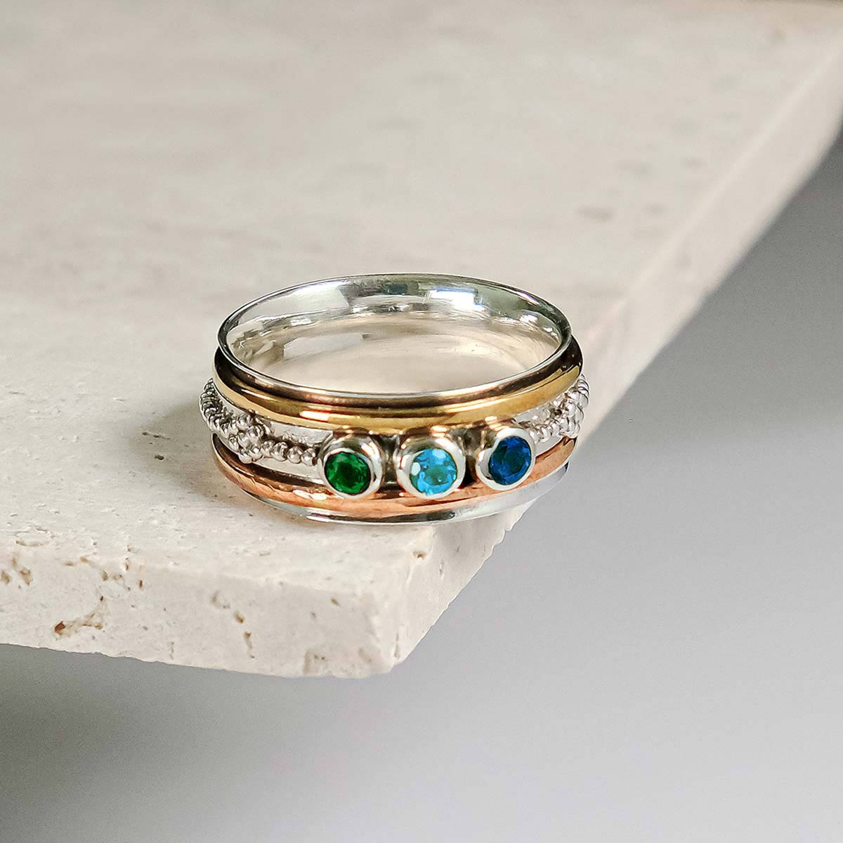 Handmade Mixed Metal Personalised Spinning Ring, Personalised Spinning Ring, Gemstone Custom Spinner Ring, Birthstone Handmade Ring