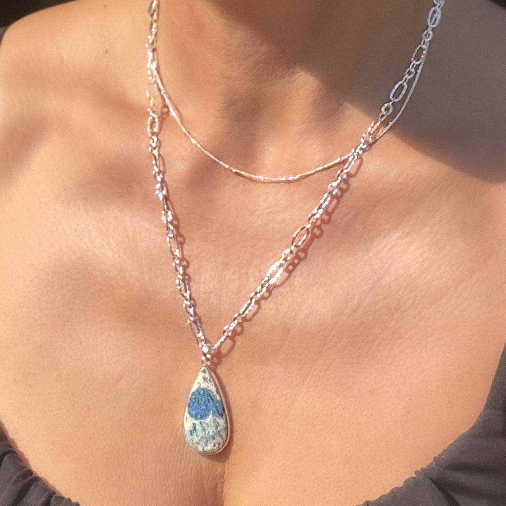 K2 Jasper Pendant on Hammered Diamond Cut Cable Chain, K2 Jasper Tear Drop Pendant