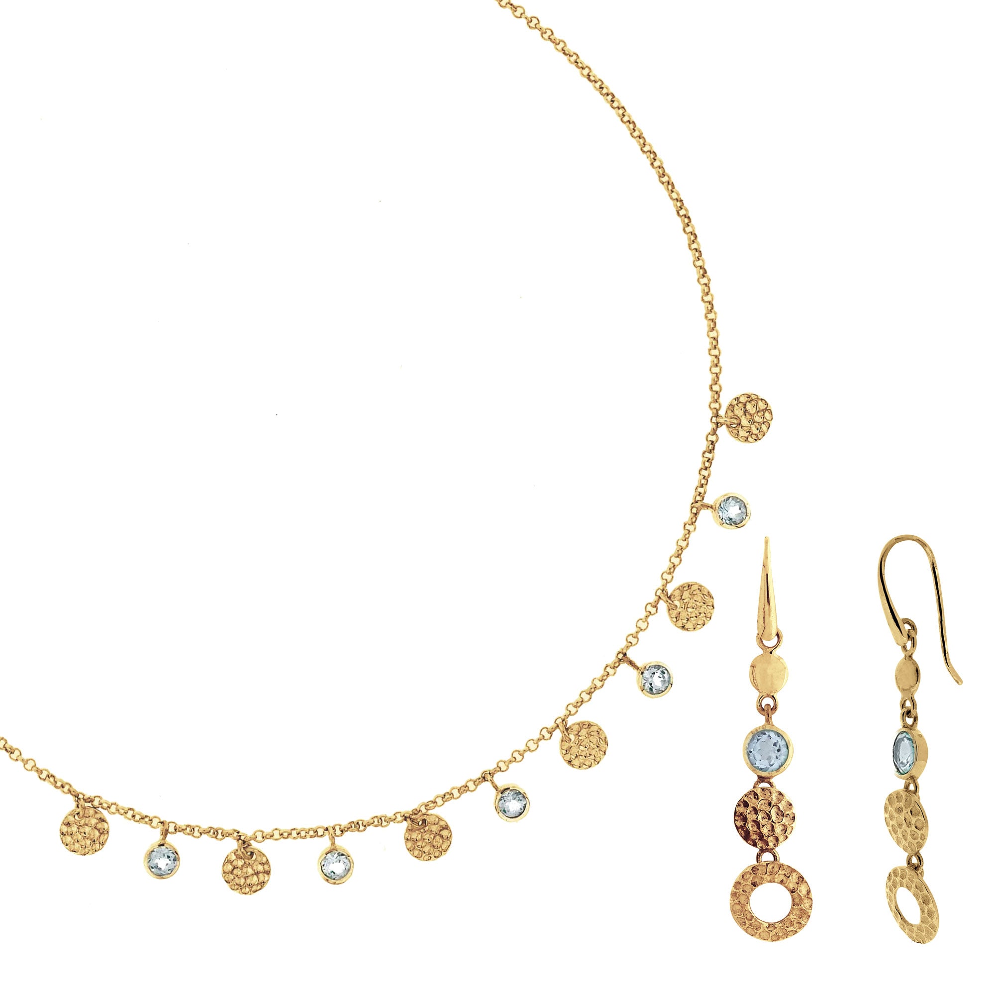 Lakshmi Gold Blue Topaz Coin Necklace and Drop Earrings Set