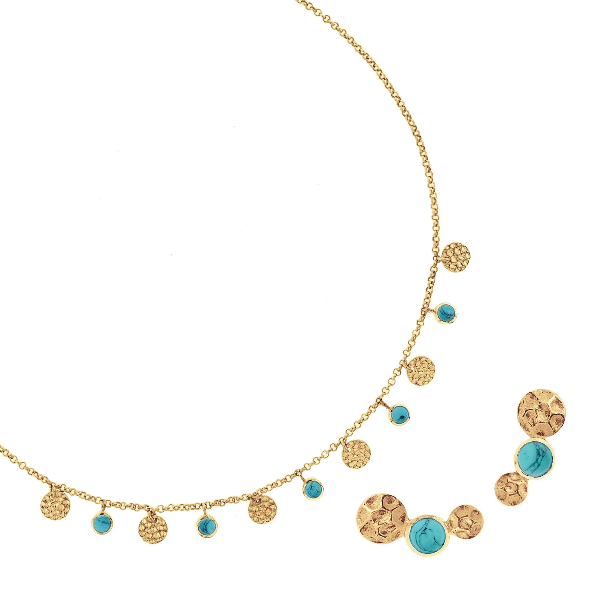 Lakshmi Gold Turquoise Hammered Disc Necklace and Stud Earrings Set