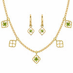Gold Charm Necklace and earrings with Peridot, Peridot Gold Charm Necklace and huggie hoops, Peridot Necklace and earrings set, August Birthstone Jewellery, Gold Charm Necklace and huggie hoop earrings