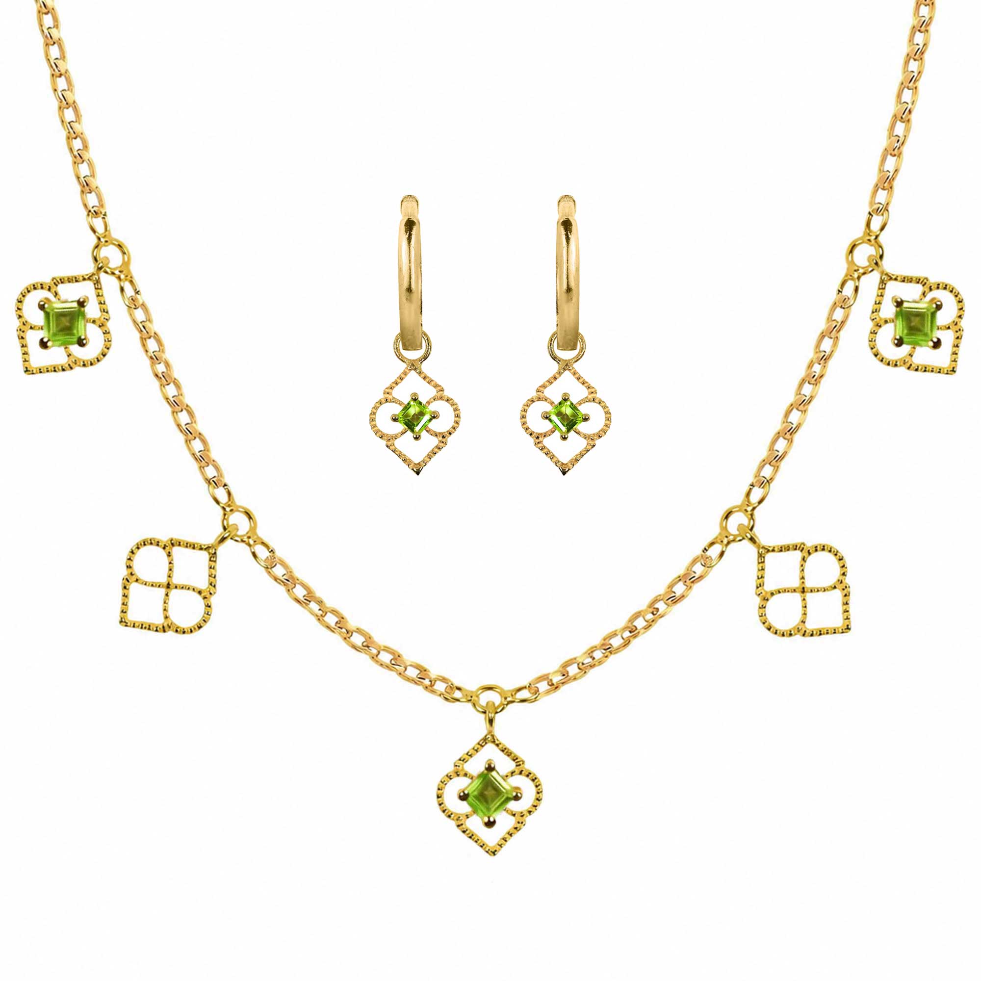 Gold Charm Necklace and earrings with Peridot, Peridot Gold Charm Necklace and huggie hoops, Peridot Necklace and earrings set, August Birthstone Jewellery, Gold Charm Necklace and huggie hoop earrings