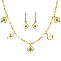 Gold Charm Necklace and earrings with Peridot, Peridot Gold Charm Necklace and huggie hoops, Peridot Necklace and earrings set, August Birthstone Jewellery, Gold Charm Necklace and huggie hoop earrings