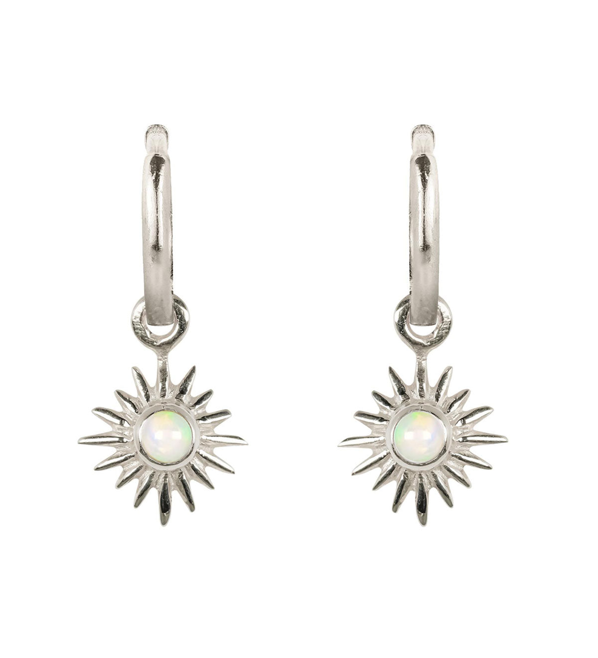 Solar Eclipse Silver and Opal Huggie Hoops, Opal Huggie Hoops, Silver Sunburst Huggie Hoop Earrings