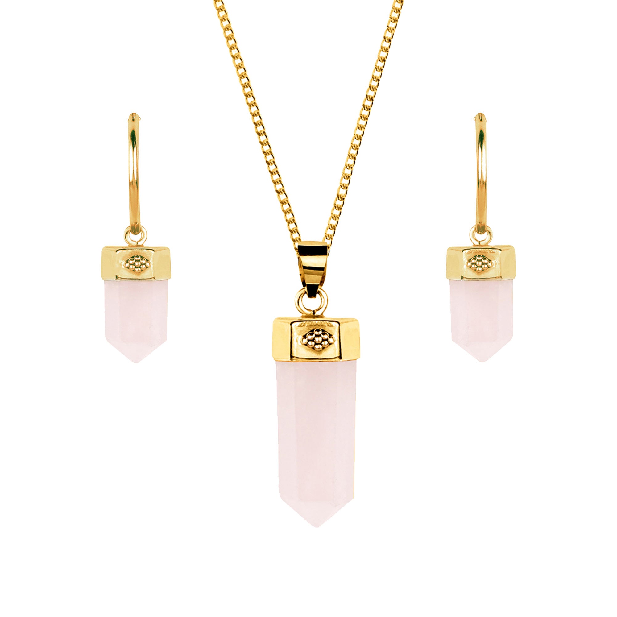 Rose Quartz Gold Bullet Pendant and Huggie Hoop Earrings Set