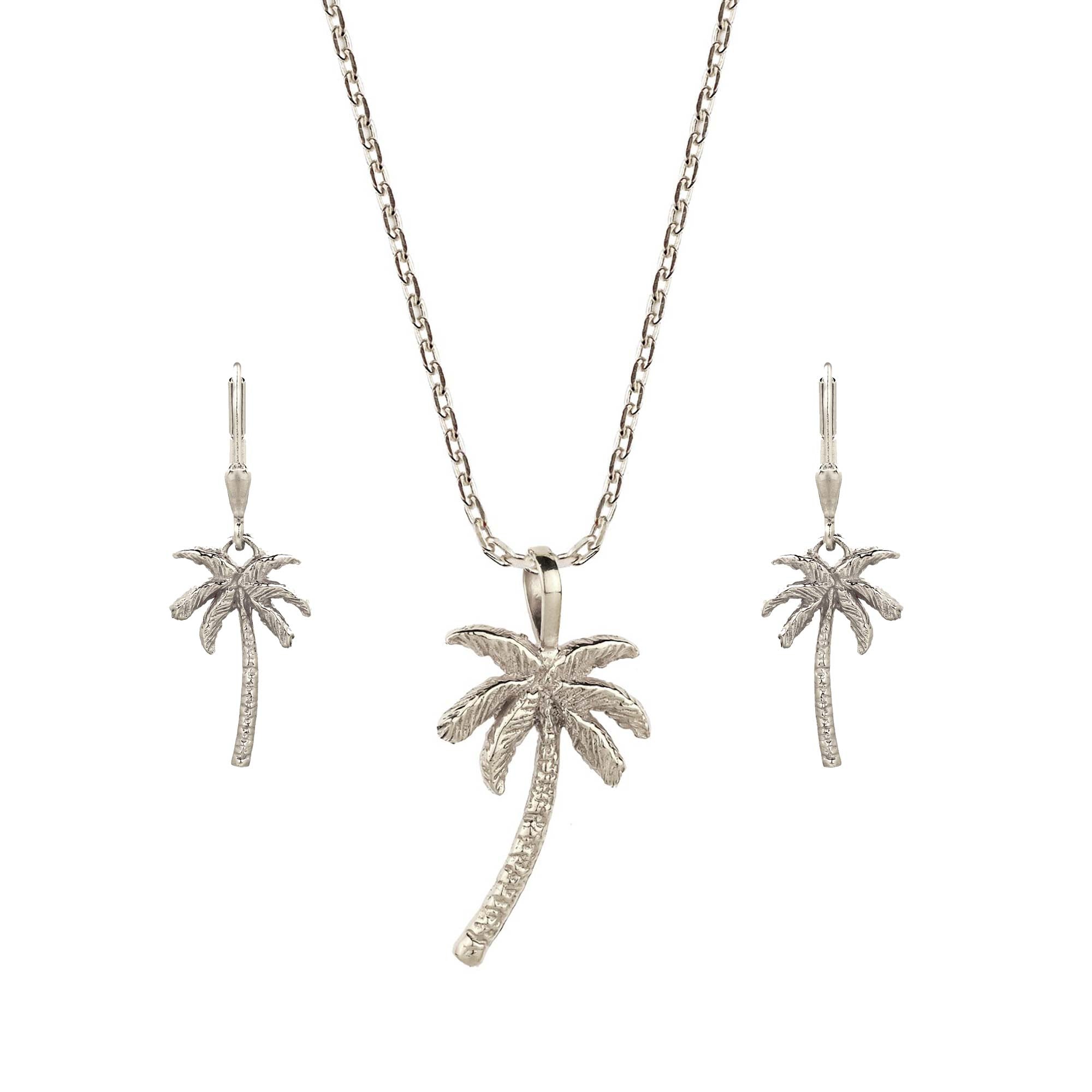 Oasis Palm Silver Necklace and Drop Earring Set