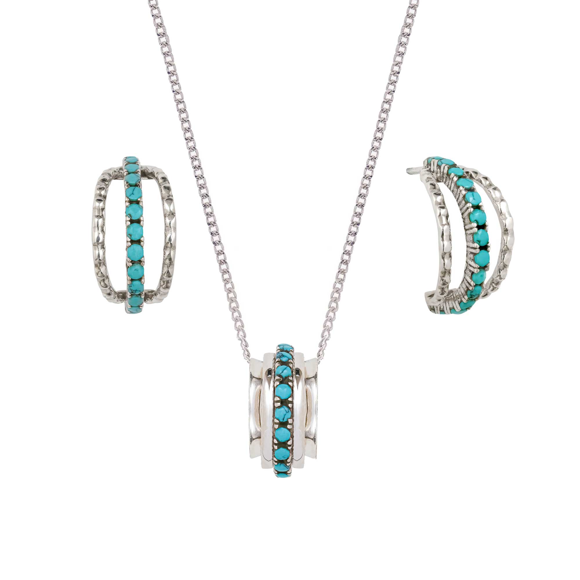 Silver and Turquoise Necklace and Earring Gift Set, Silver and Turquoise Pave Set Spinning Necklace, Pave Set Turquoise Hoop Earrings, December Birthstone Jewellery Gift Set