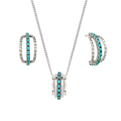 Silver and Turquoise Necklace and Earring Gift Set, Silver and Turquoise Pave Set Spinning Necklace, Pave Set Turquoise Hoop Earrings, December Birthstone Jewellery Gift Set