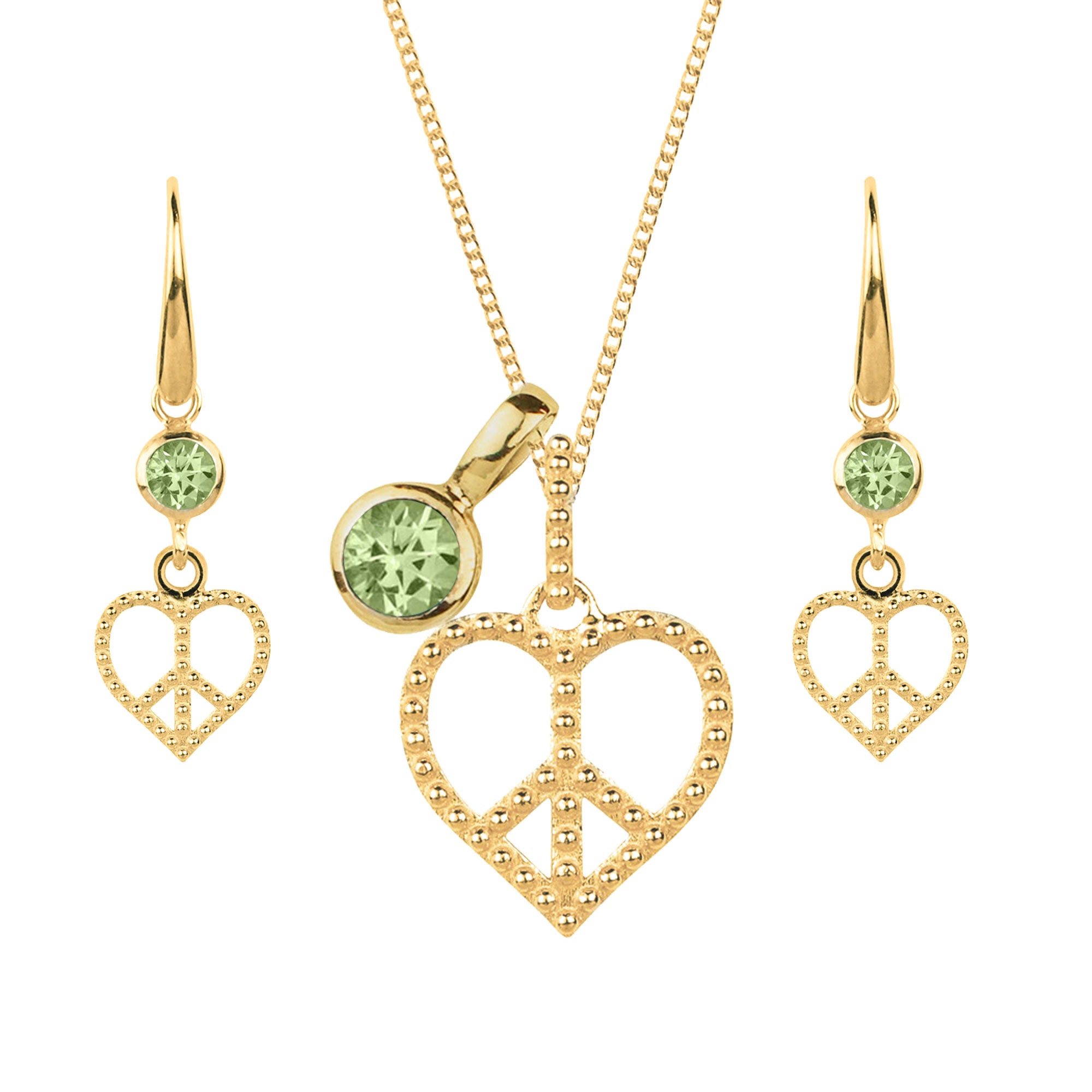 Peace Heart Gold Necklace and Matching Drop Peridot Earrings