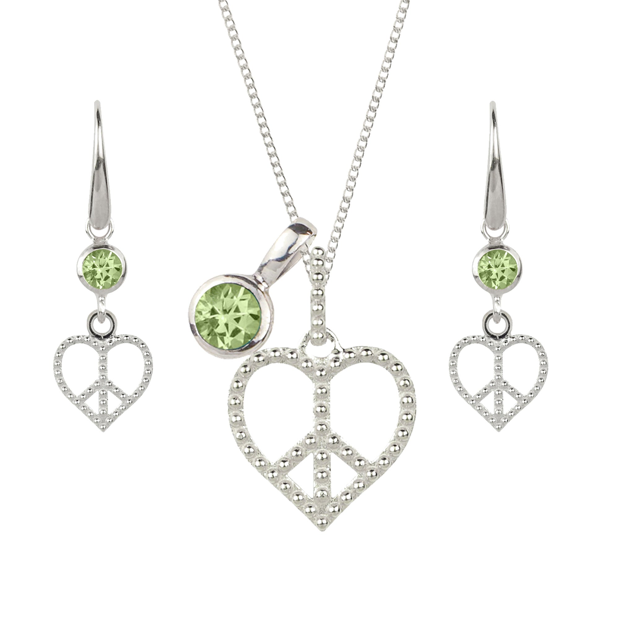 Peace Heart Silver Necklace and Drop Earrings Set