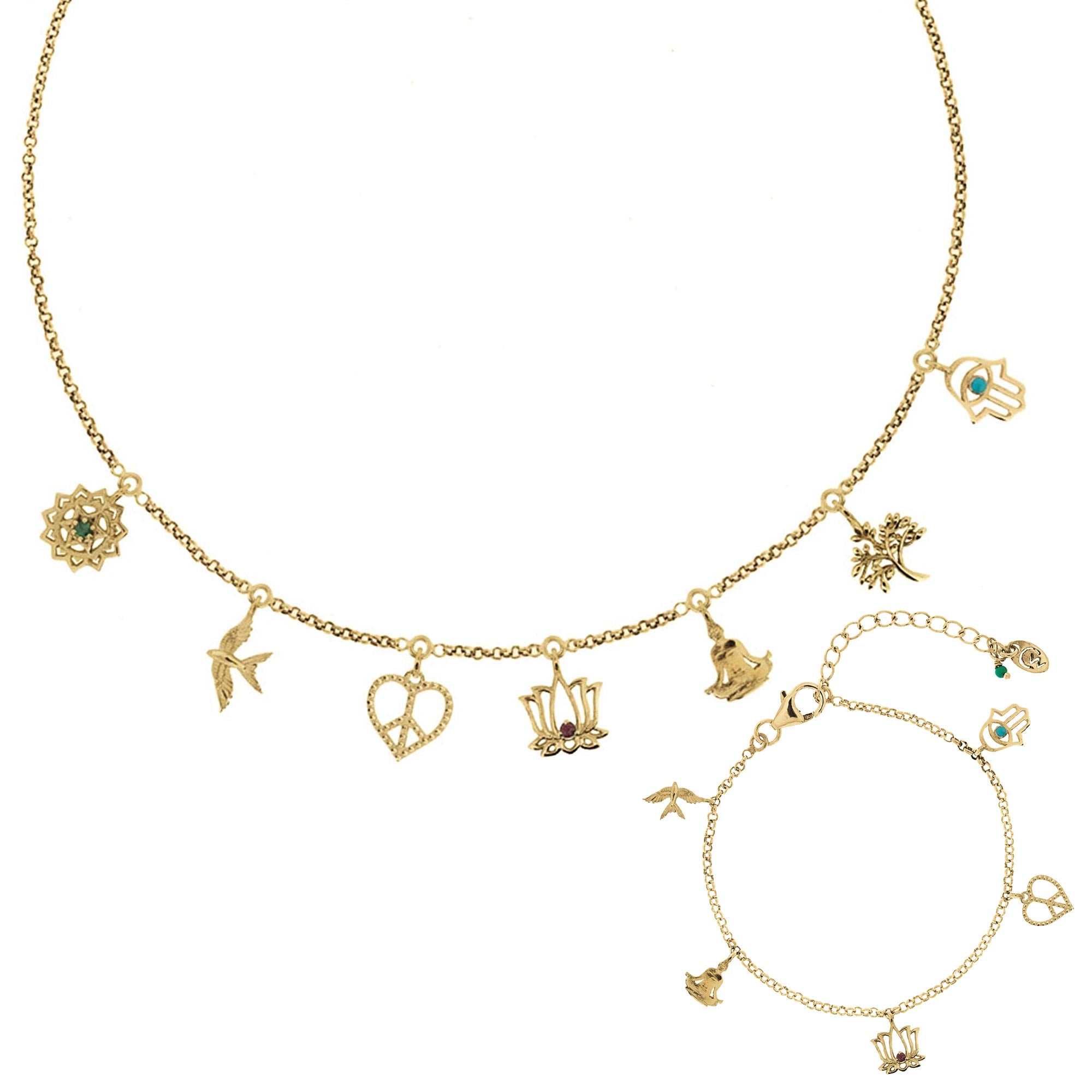 Peace, Love and Freedom Gold Charm Necklace and Bracelet Set