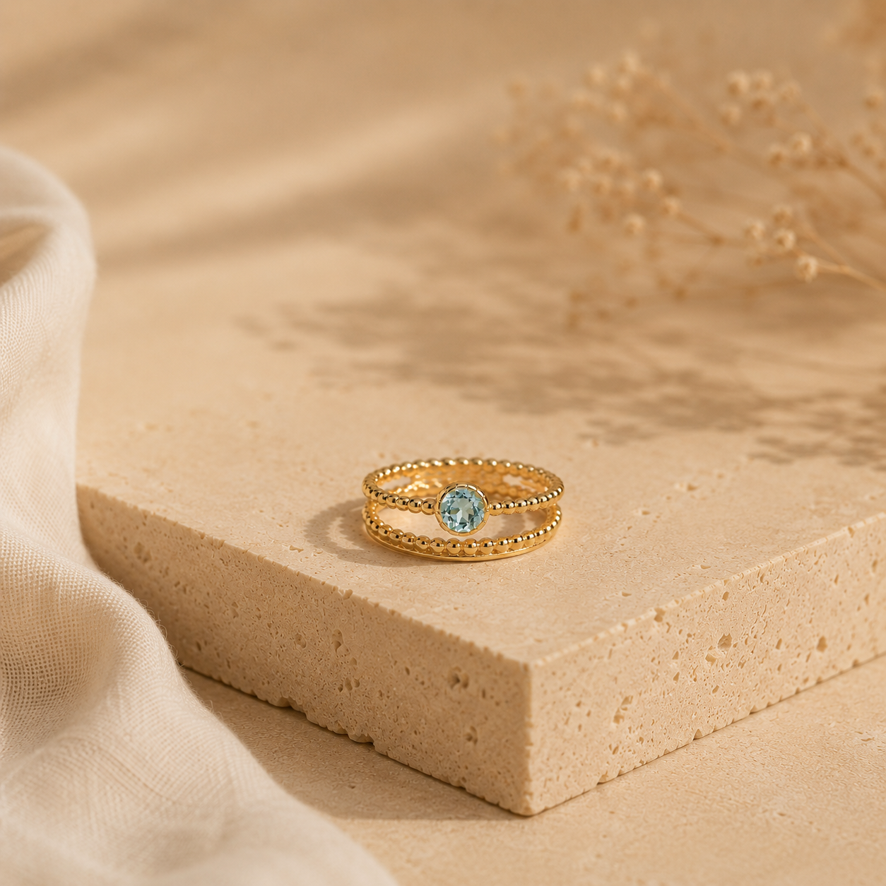 Handmade Double Band Stacking Ring with Blue Topaz, Blue Topaz Double Band Gold Stacker Ring, November Birthstone Gold Double Band Ring