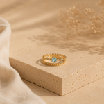 Handmade Double Band Stacking Ring with Blue Topaz, Blue Topaz Double Band Gold Stacker Ring, November Birthstone Gold Double Band Ring