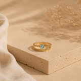 Handmade Double Band Stacking Ring with Blue Topaz, Blue Topaz Double Band Gold Stacker Ring, November Birthstone Gold Double Band Ring