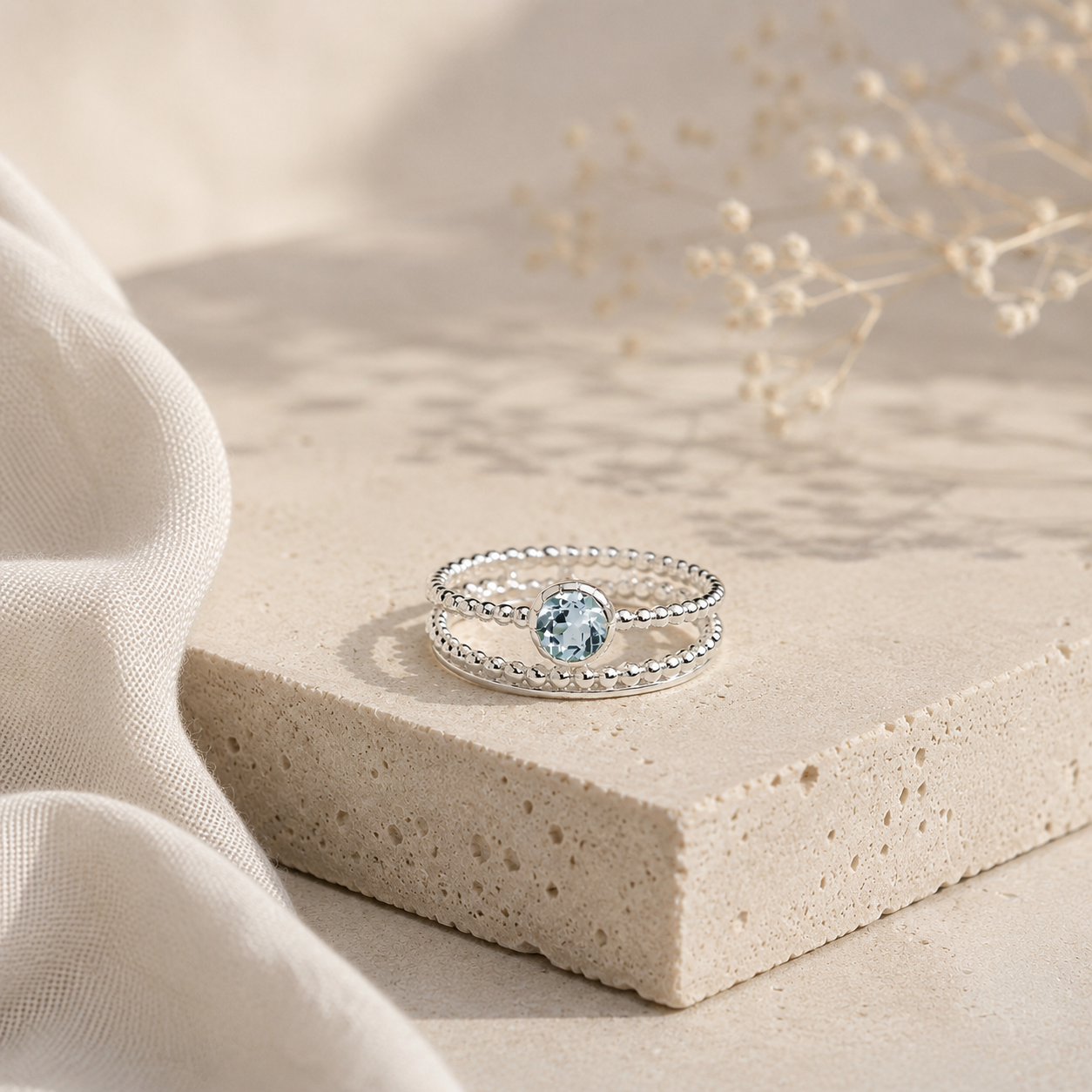 Sterling Silver Beaded Blue Topaz Ring, Double Band Stacking Ring, Blue Topaz Ring, November Birthstone Ring