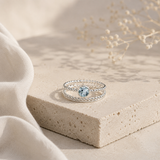 Sterling Silver Beaded Blue Topaz Ring, Double Band Stacking Ring, Blue Topaz Ring, November Birthstone Ring