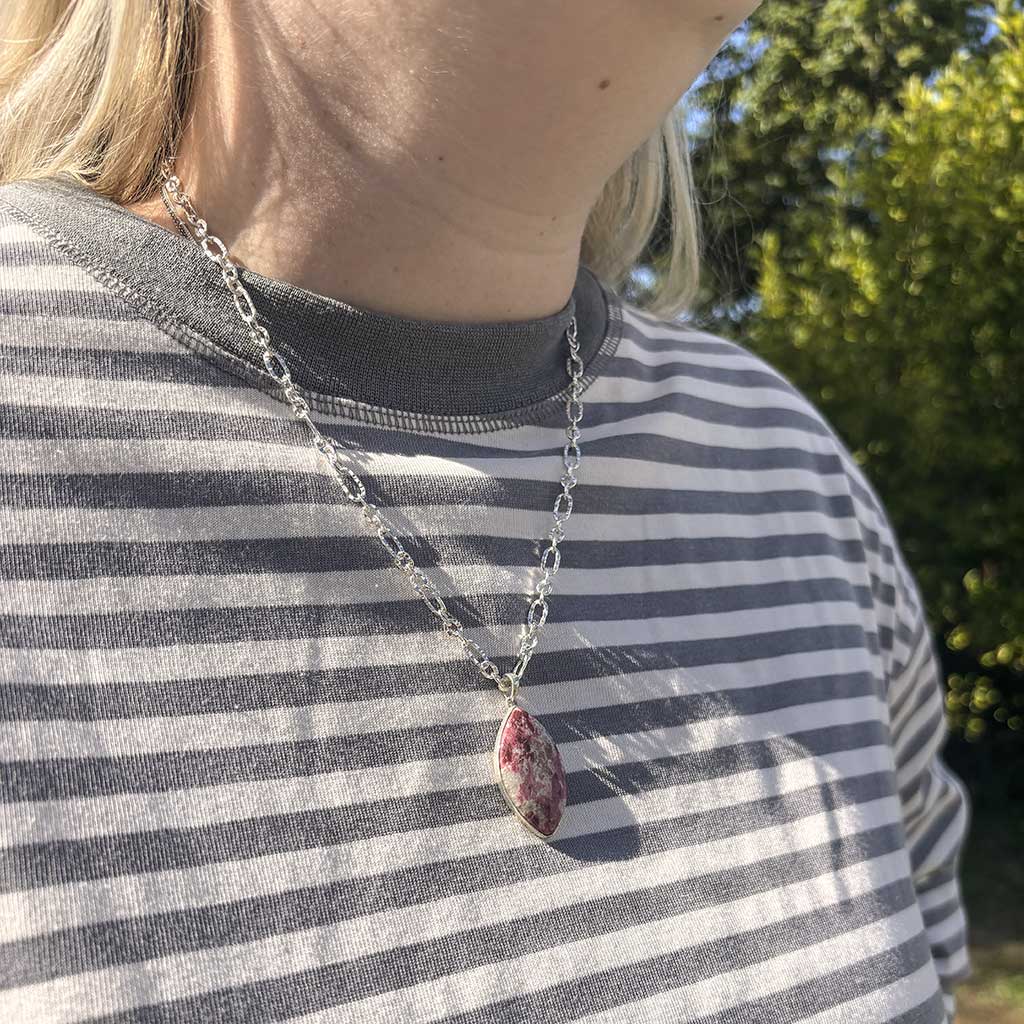 Rhodochrosite Marquise Pendant, Pink and Cream Mix Gemstone Pendant,  Statement Gemstone Pendant