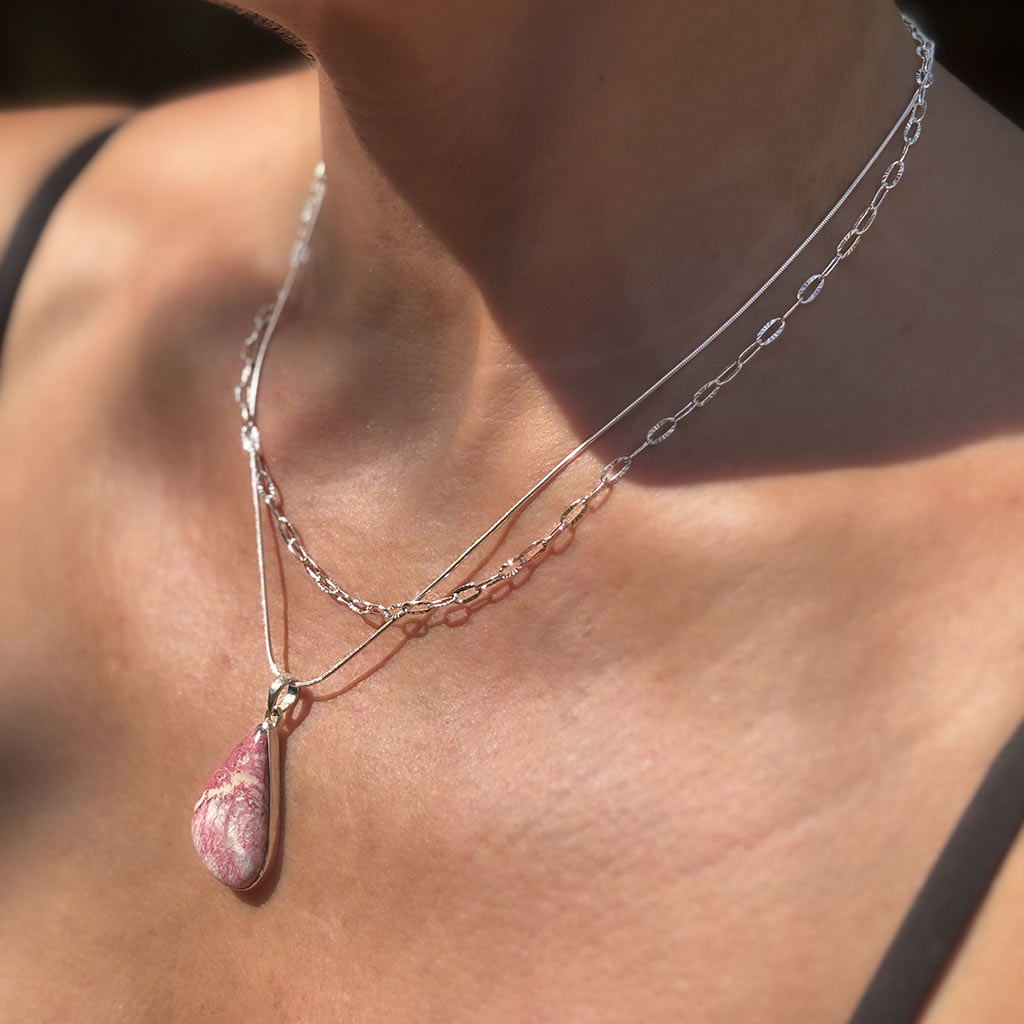 Rhodochrosite Pendant on Silver Chain