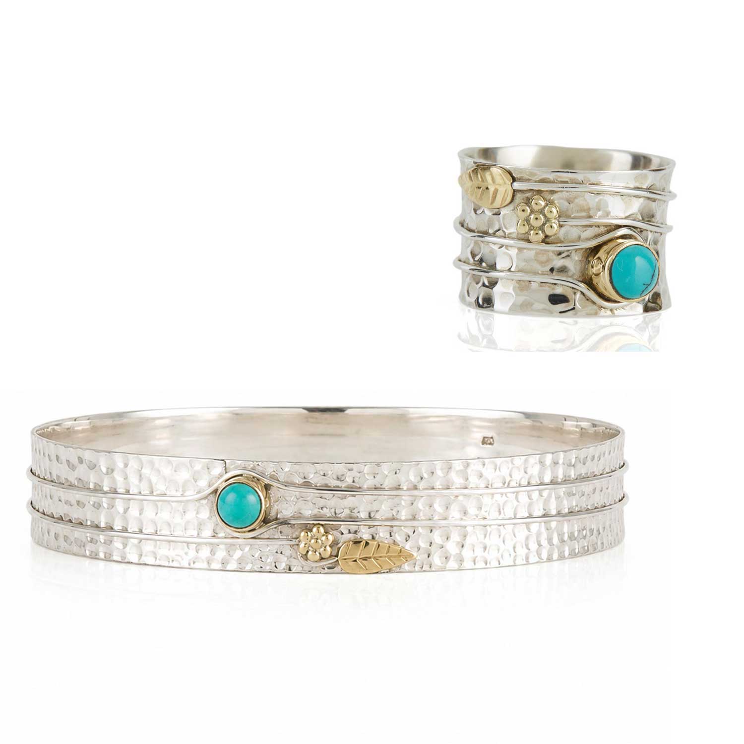 Sterling Silver and Turquoise Chunky Ring and Bangle Set, Secret Garden Ring and Bangle Set, December Birthstone ring and bangle