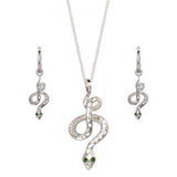 Sterling Silver and Emerald snake necklace and huggie earrings symbolising renewal