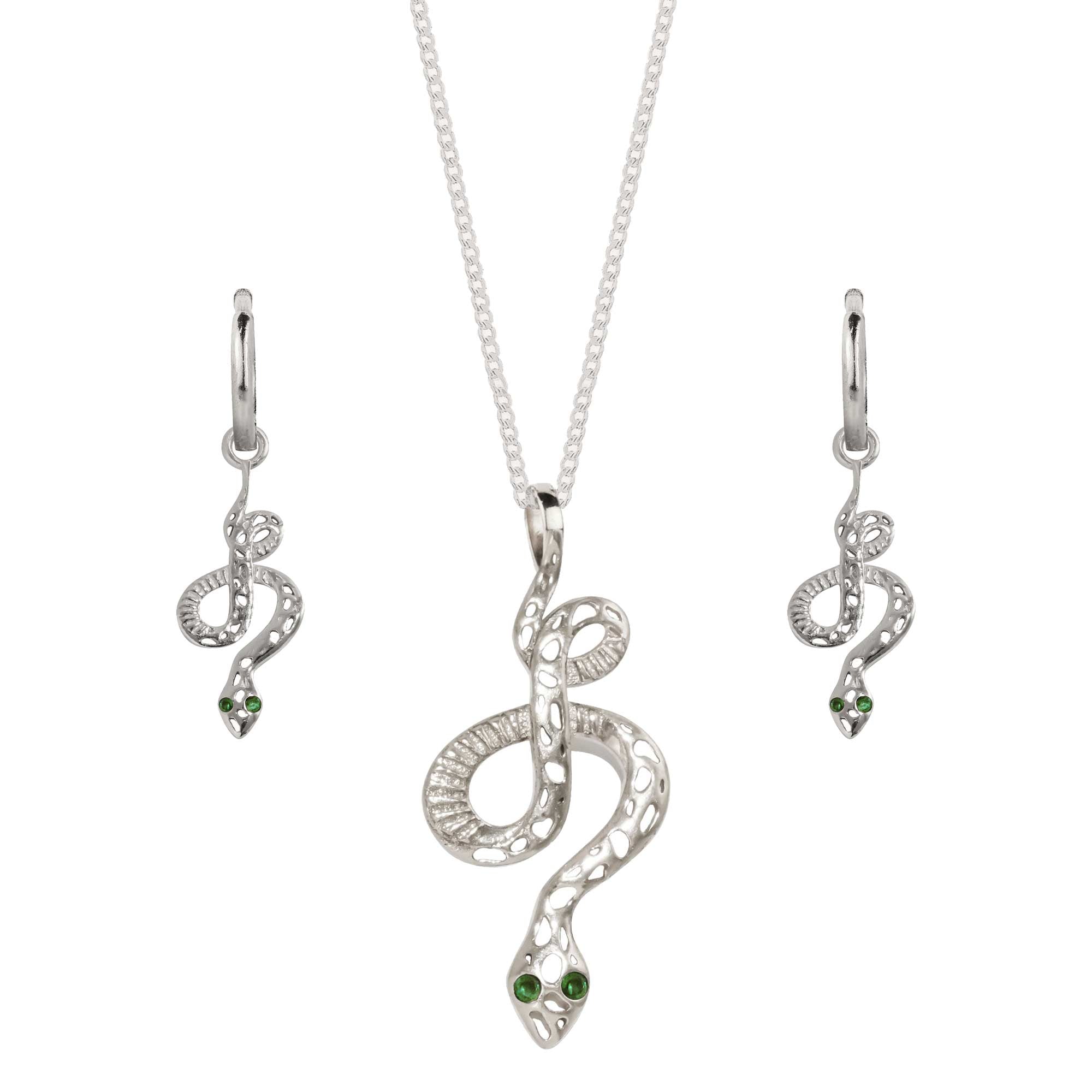 Sterling Silver and Emerald snake necklace and huggie earrings symbolising renewal