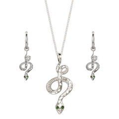Sterling Silver and Emerald snake necklace and huggie earrings symbolising renewal