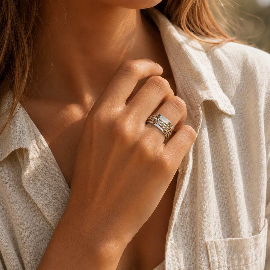 Silver and gold tones spinning ring, Textured bands spin ring, Handmade spinning ring, Gold tones spin ring, Fidget ring