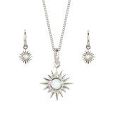 Eclipse Silver Necklace and Earrings Set, Opal Sun Necklace and Huggie Hoop Earrings, October Birthstone Necklace and Earring Set, Opal Silver Necklace and Earrings, Sun Necklace and Earrings