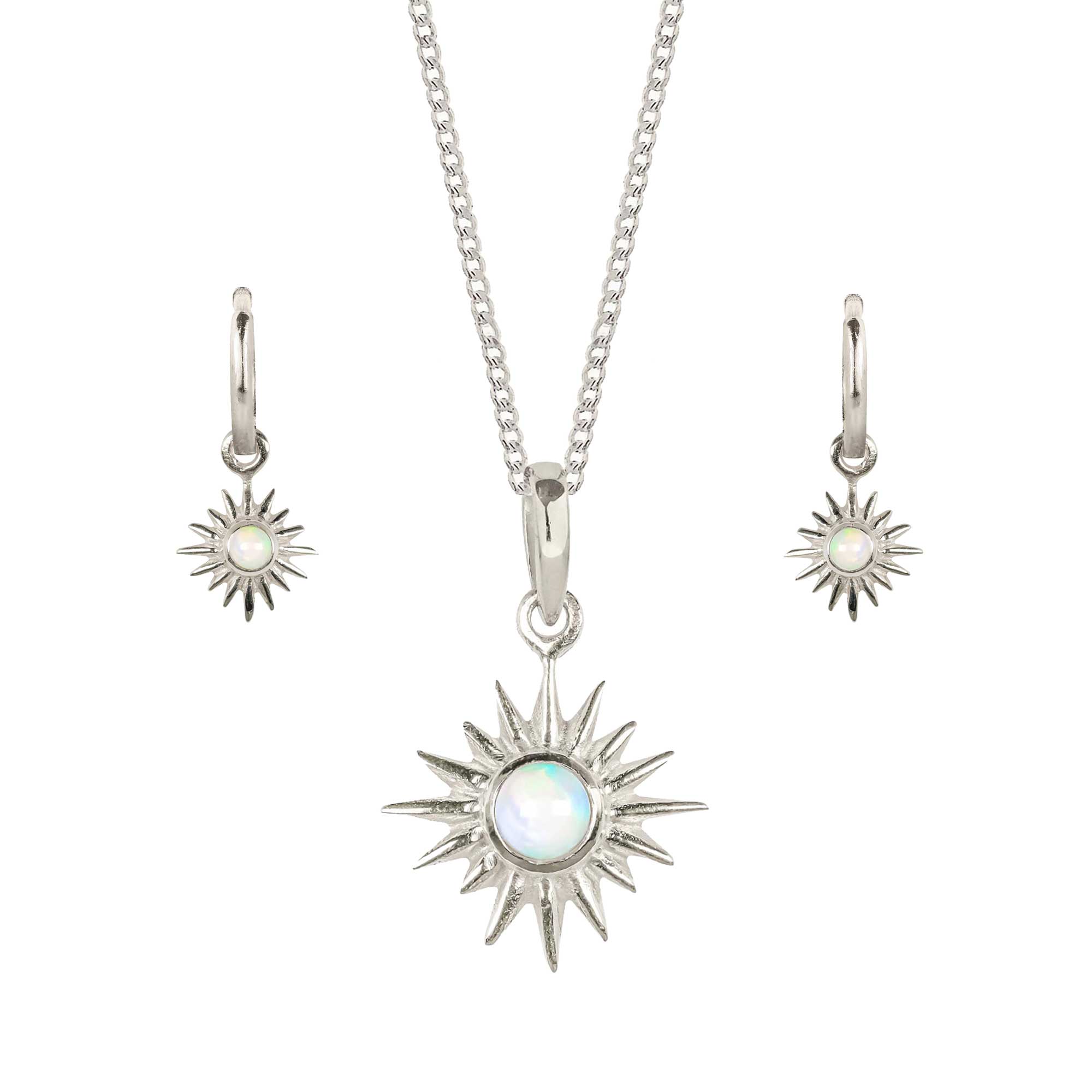 Eclipse Silver Necklace and Earrings Set, Opal Sun Necklace and Huggie Hoop Earrings, October Birthstone Necklace and Earring Set, Opal Silver Necklace and Earrings, Sun Necklace and Earrings