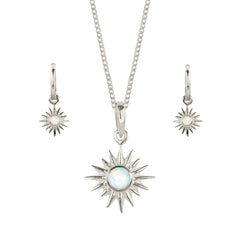 Eclipse Silver Necklace and Earrings Set, Opal Sun Necklace and Huggie Hoop Earrings, October Birthstone Necklace and Earring Set, Opal Silver Necklace and Earrings, Sun Necklace and Earrings