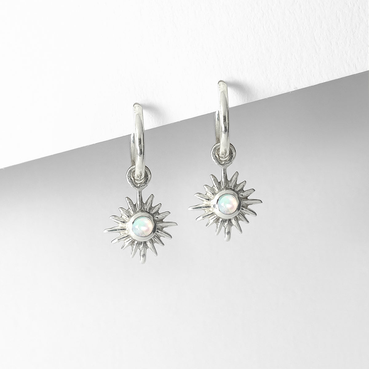 Sterling Silver Solar Eclipse Huggie Hoop Earrings, Opal Sun Earrings, October Birthstone Huggie Hoop Earrings, Opal Silver Huggie Hoop Earrings