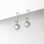 Sterling Silver Solar Eclipse Huggie Hoop Earrings, Opal Sun Earrings, October Birthstone Huggie Hoop Earrings, Opal Silver Huggie Hoop Earrings