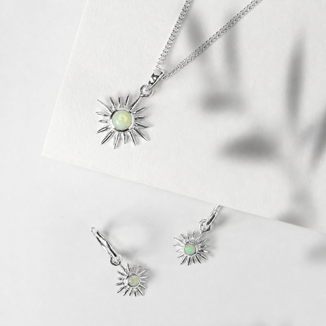 Sterling Silver Solar Eclipse Necklace and Earrings Gift Set, Silver Opal Sun Necklace and Earrings, Opal Sun Necklace, Opal Sun Huggie Hoop Earrings, October Birthstone Necklace and Earrings