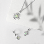 Sterling Silver Solar Eclipse Necklace and Earrings Gift Set, Silver Opal Sun Necklace and Earrings, Opal Sun Necklace, Opal Sun Huggie Hoop Earrings, October Birthstone Necklace and Earrings